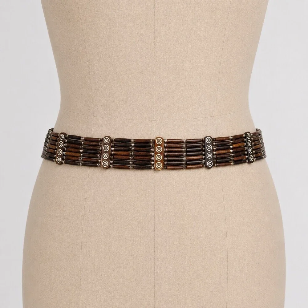 Vintage Tribal Bone Belt Tube Bead Multi-Strand Carved Circle Boho brown womens